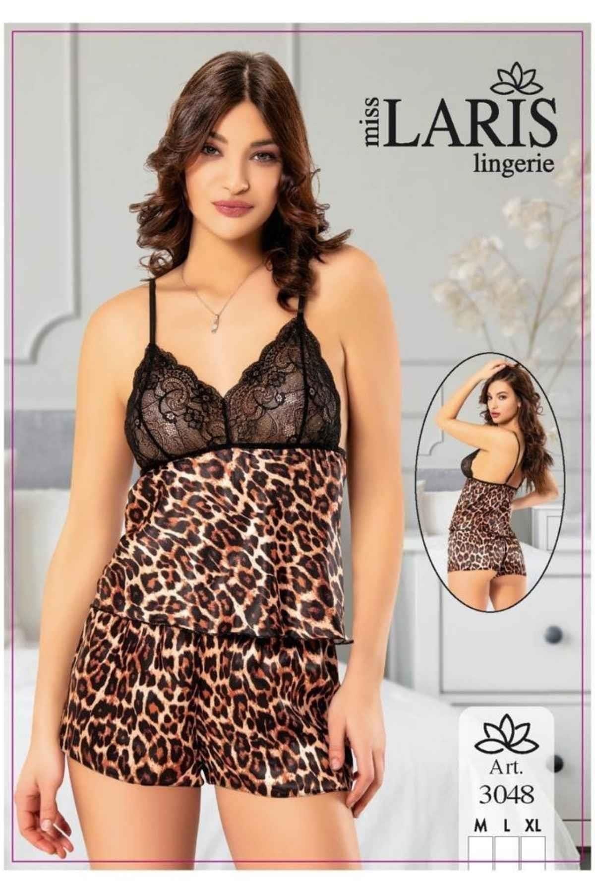 Miss Laris 3048 Leopar Desen Dantelli Kadın Şort Pijama Takımı
